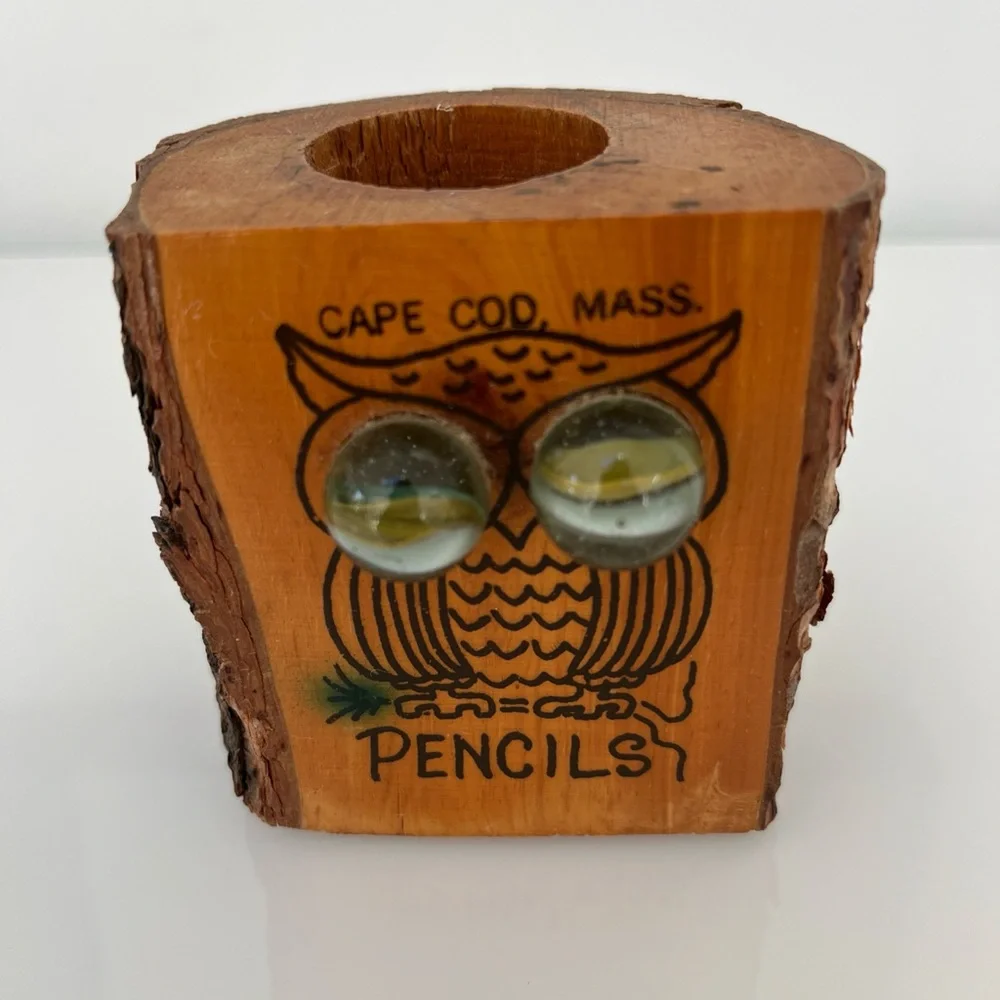 Vintage Owl Tree Trunk Wood Pencil Holder With Marble Eyes Cape Cod Mass